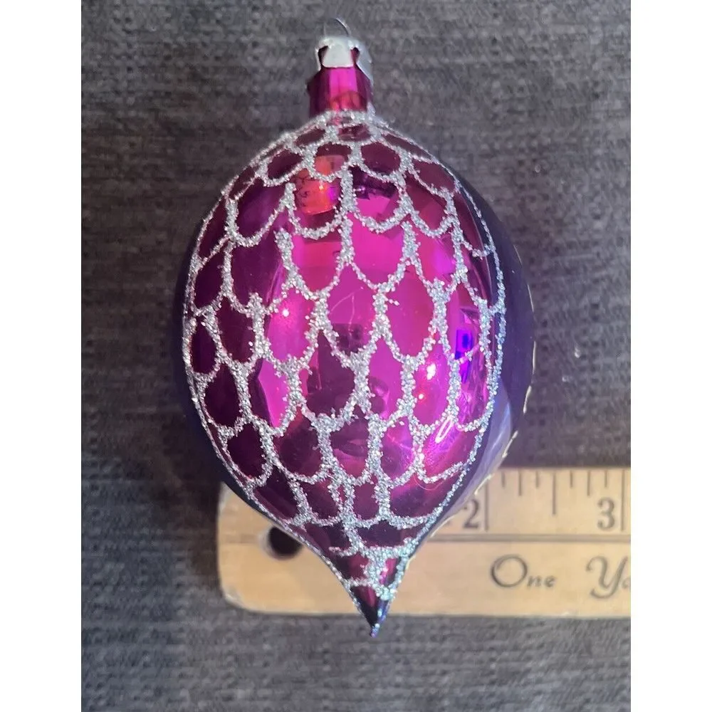Hand Painted Blown Glass Spire Purple & Blue With Glitter Vintage Christmas Orna